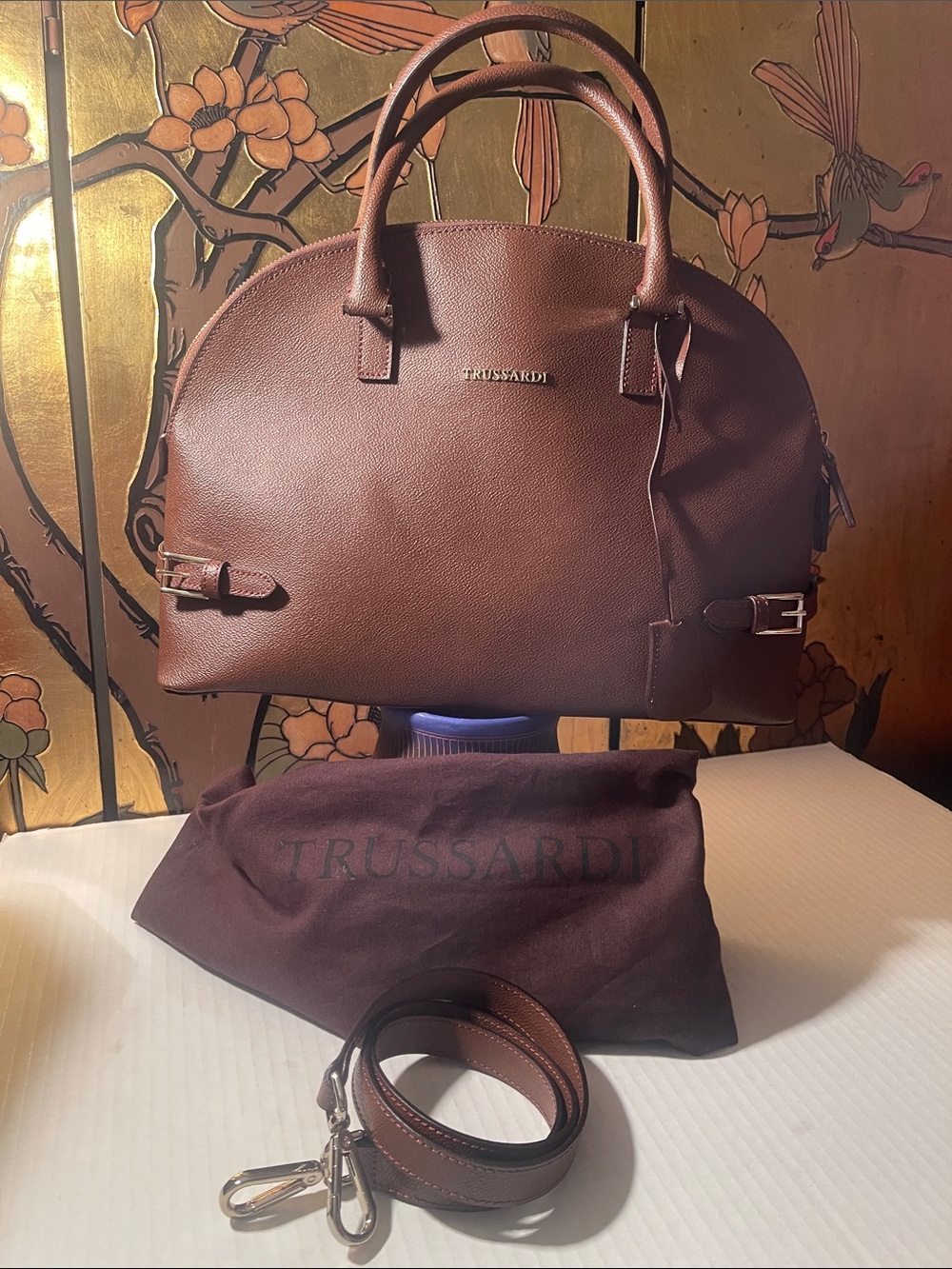 Trussardi Chocolate Brown Leather Dome Satchel with Detachable Strap Italy